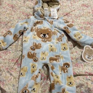 Bear Applique Hooded Footed One-Piece for Kids - Light Blue